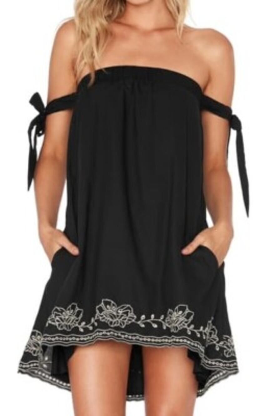 L*Space Sweet Dreams Coverup Dress Women's XS Black Embroidered Off-Shoulder